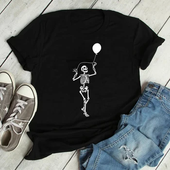 Esqueleto Com Balão T-shirt de dia das bruxas Tee Gráfico Superior Estético Mulheres Hipster Pastel Goth Tshirt