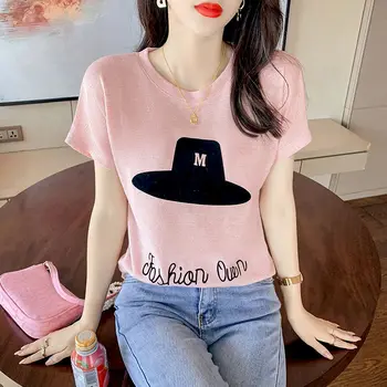 Gelo Seda da Camisola T-shirt Mulher Manga Curta Solta coreano T-shirt de Verão 2022 Mulher Selvagem Assentamento Ins T-Shirt de Senhoras Topo