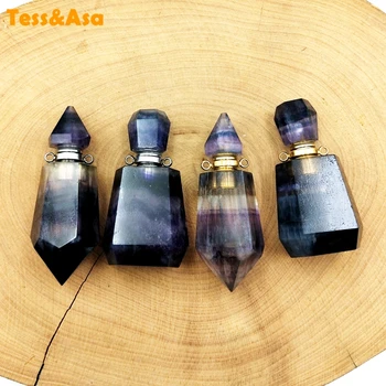 Gemas naturais frasco de perfume arco-íris da fluorite óleos essenciais difusor de moda frasco arco-íris de pedra pingentes para colar de presente