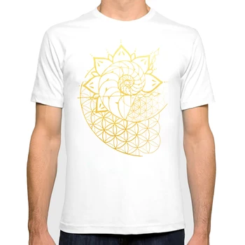 Geométricas linhas de Fibonacci Amonita Mandala flor engraçado do geek tshirt Homens Brancos Casual T-Shirt Unisexo geeker streetwear topo