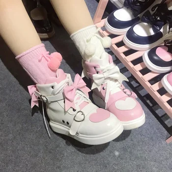 O coreano Harajuku Estilo de Alta ajudar Bowknot Princesa Kawaii Girl Mulheres Sapatos de Festa do Chá Cos Loli Ronda a Cabeça das Mulheres Sapatos