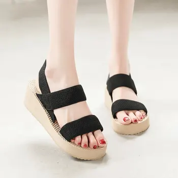 Verão Casual Cunhas Elástico Mulheres Sandálias da Moda Sólida Plataforma Sapatos de Atacado GLADIADOR Sapatos para as Mulheres Chinelos de quarto